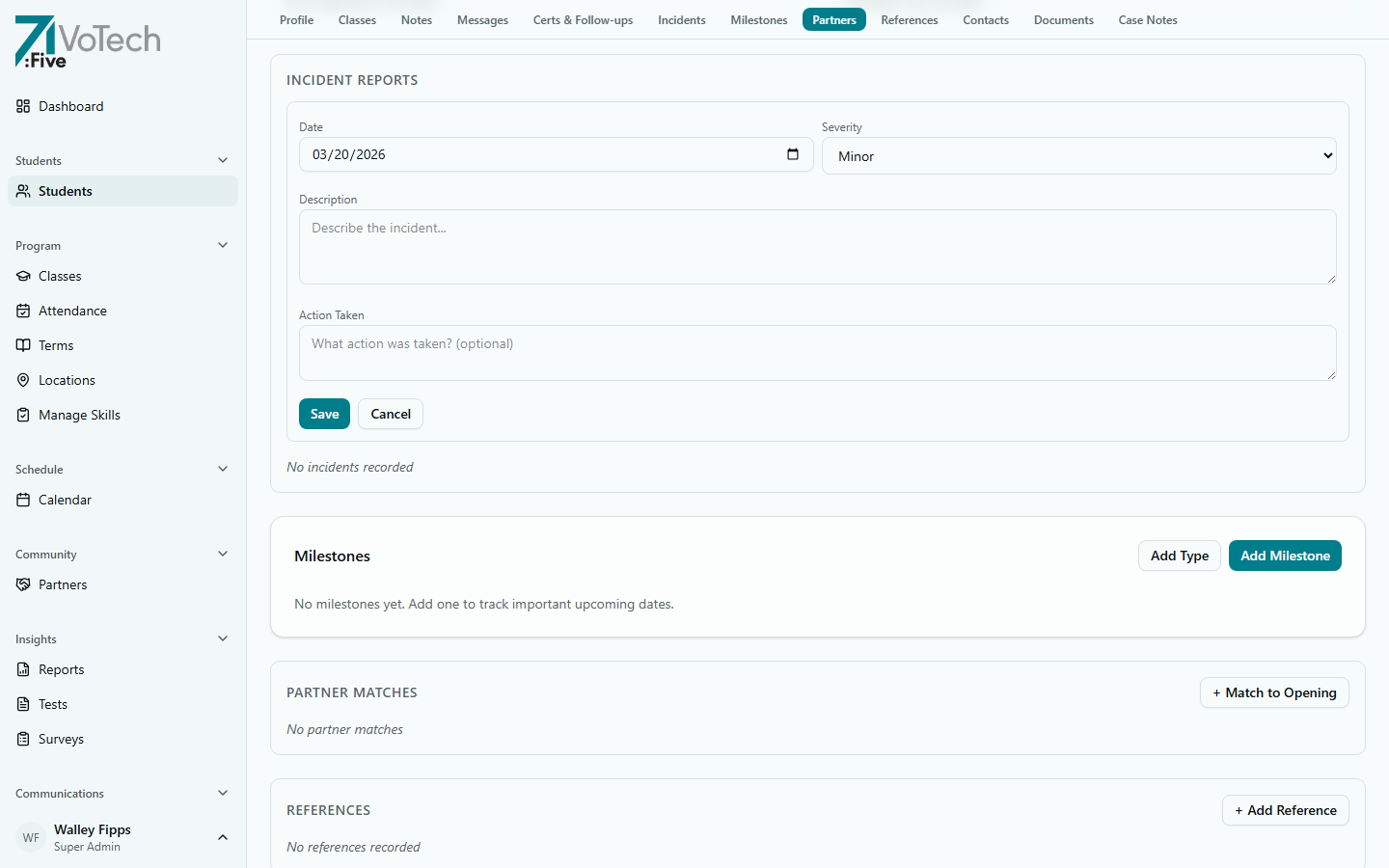 Add Incident form — Date, Severity, Description, and Action Taken fields (light theme)