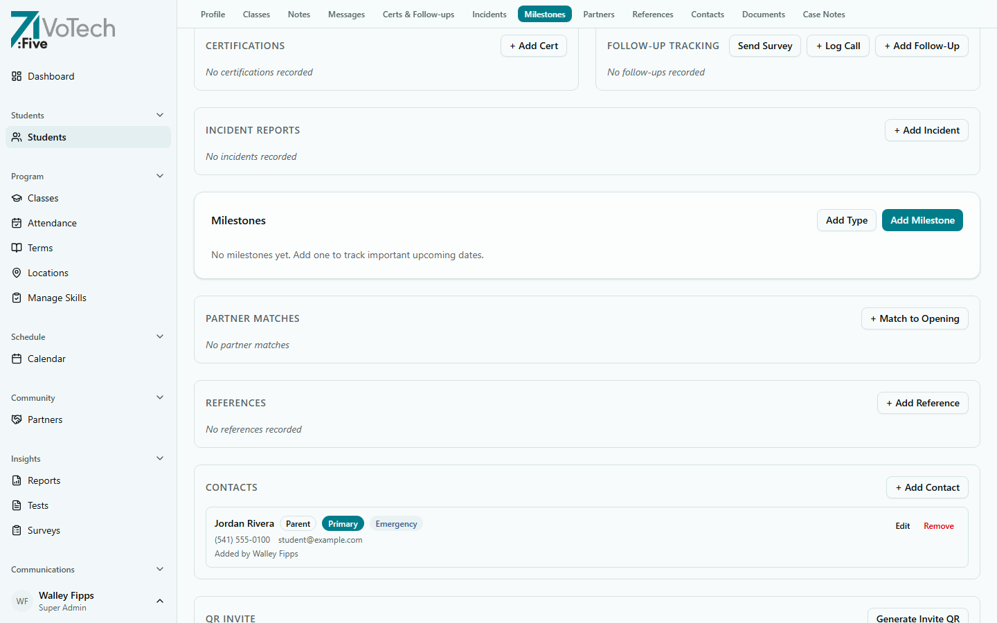 Certs & Follow-ups section showing Send Survey, Log Call, and Add Follow-Up buttons (light theme)