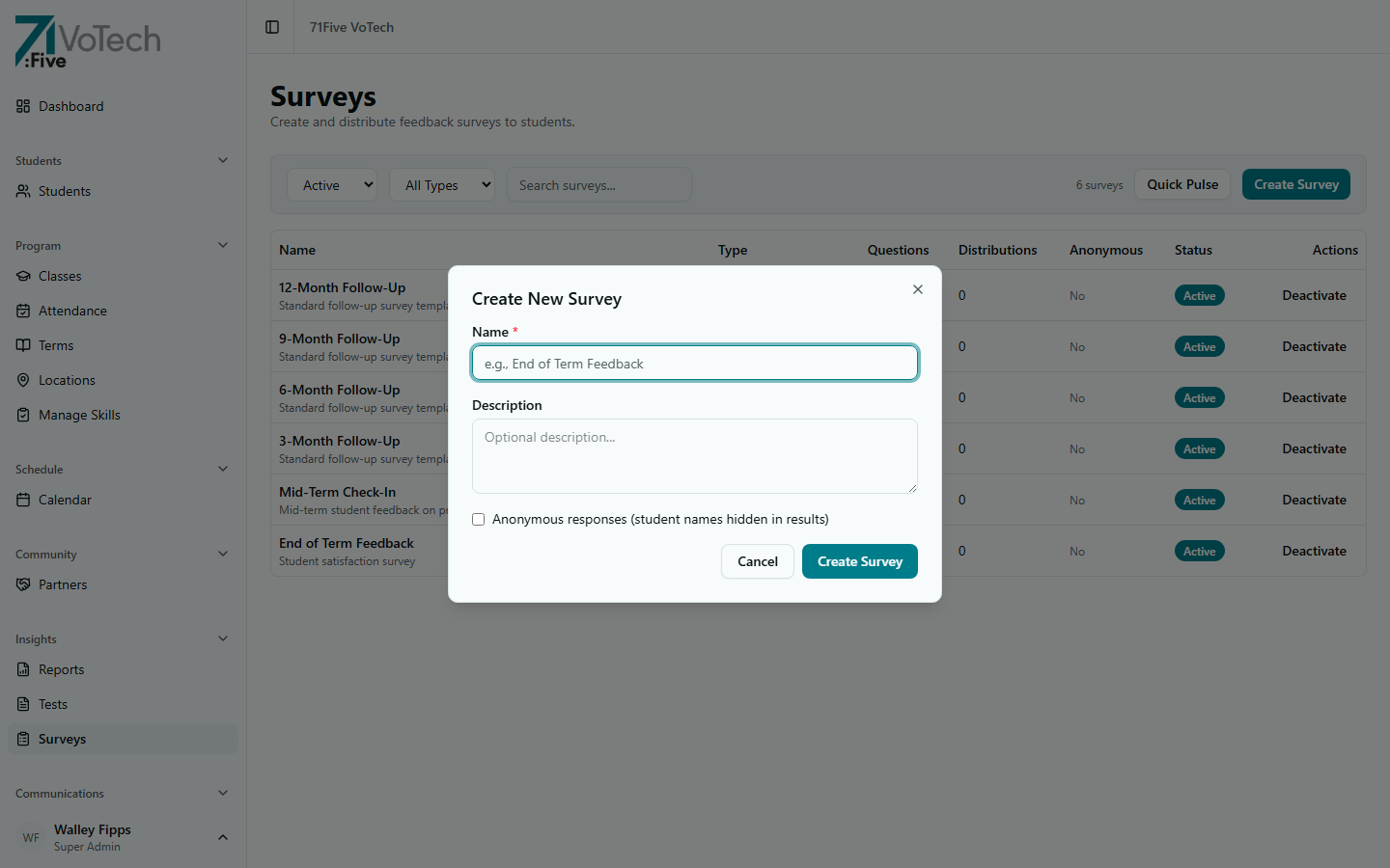 Create New Survey dialog — Name, Description, and Anonymous checkbox (light theme)