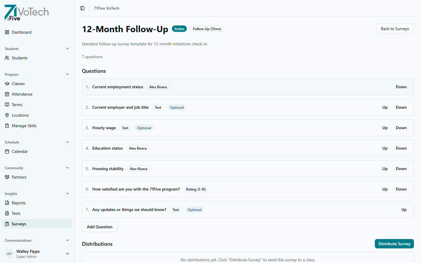 Survey detail page with question list and configuration (light theme)
