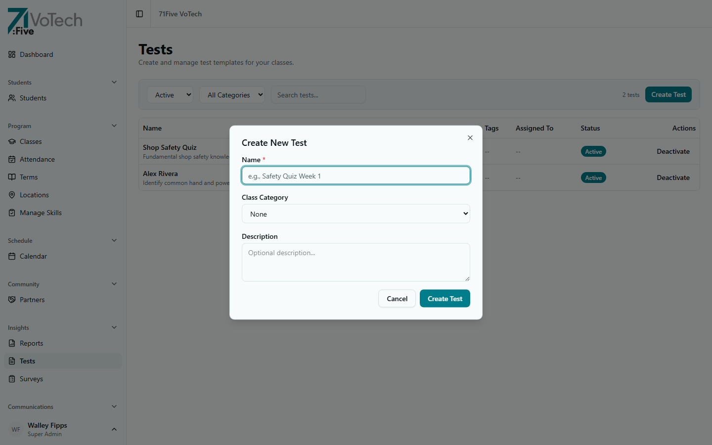 Create New Test dialog — Name, Class Category, and Description fields (light theme)