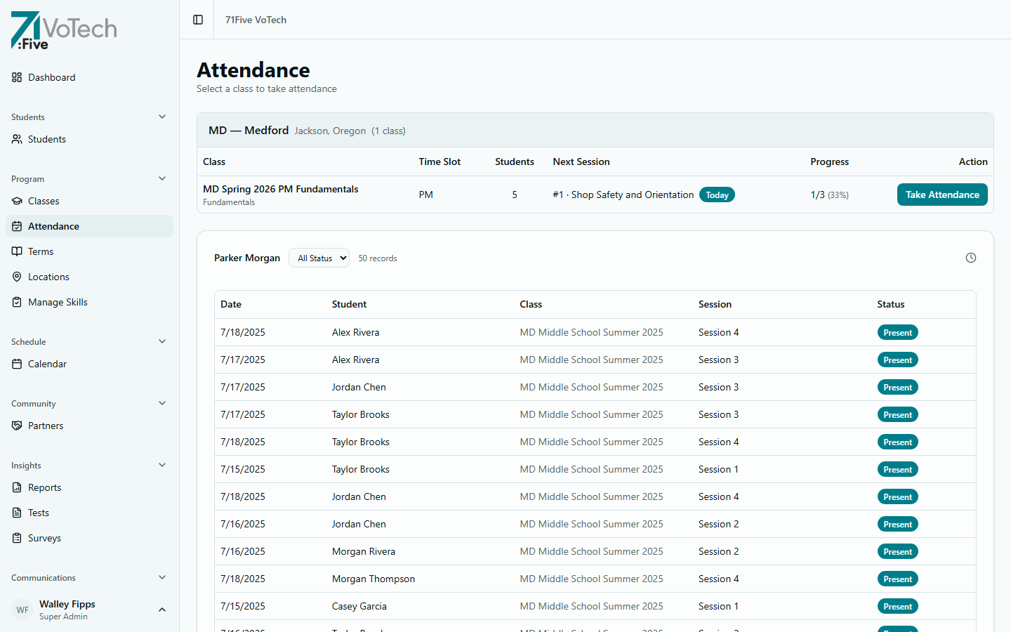 Attendance page showing recent records with student names, classes, sessions, and Present status badges (light theme)