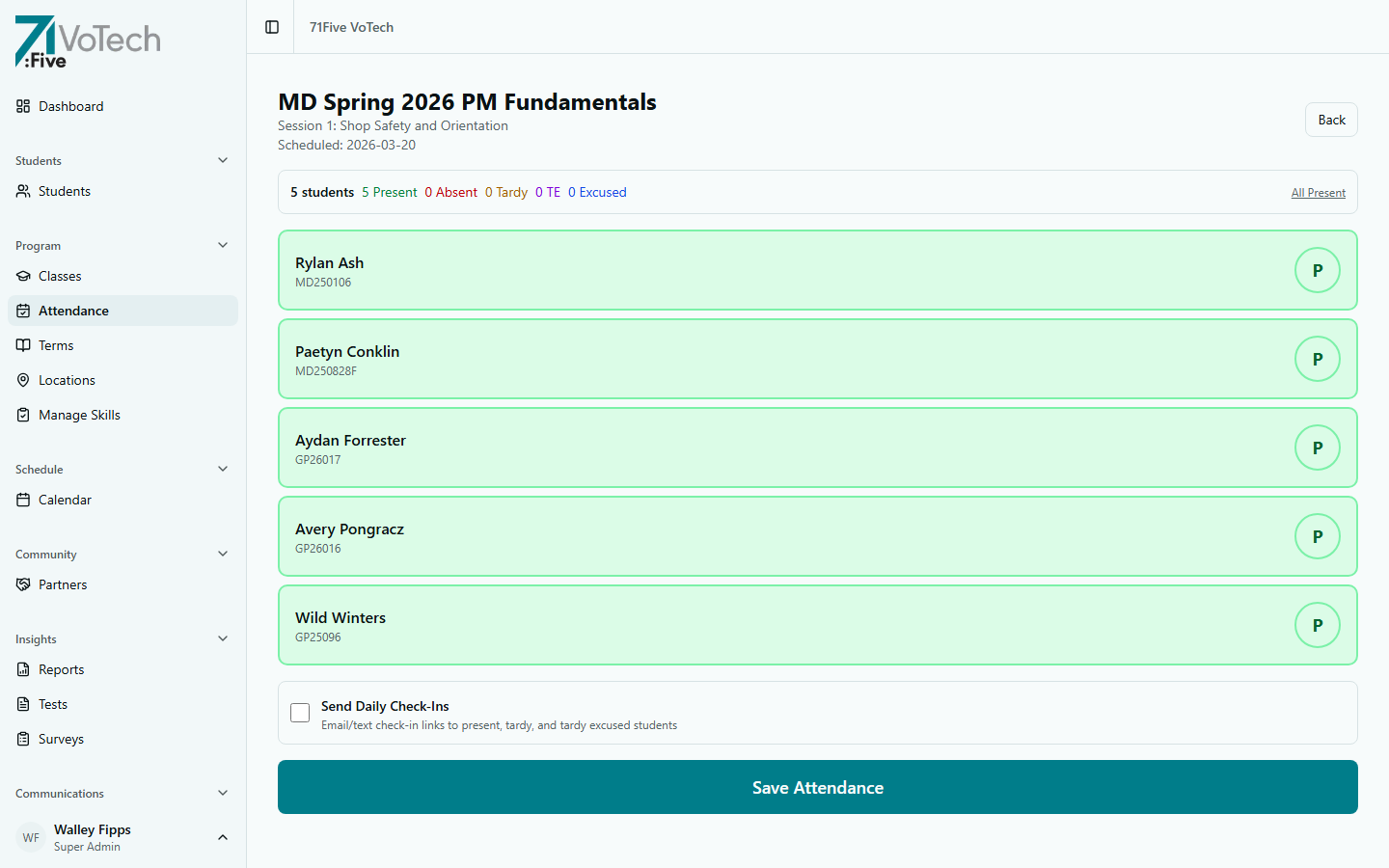 Attendance marking form showing 5 students with green Present status buttons, status summary bar, and Save Attendance button (light theme)