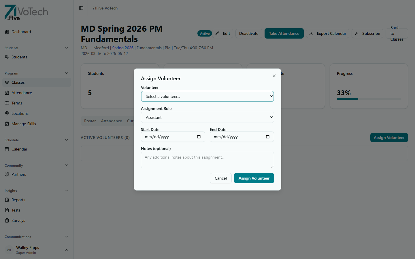 Assign Volunteer dialog — Volunteer, Role, Dates, and Notes fields (light theme)