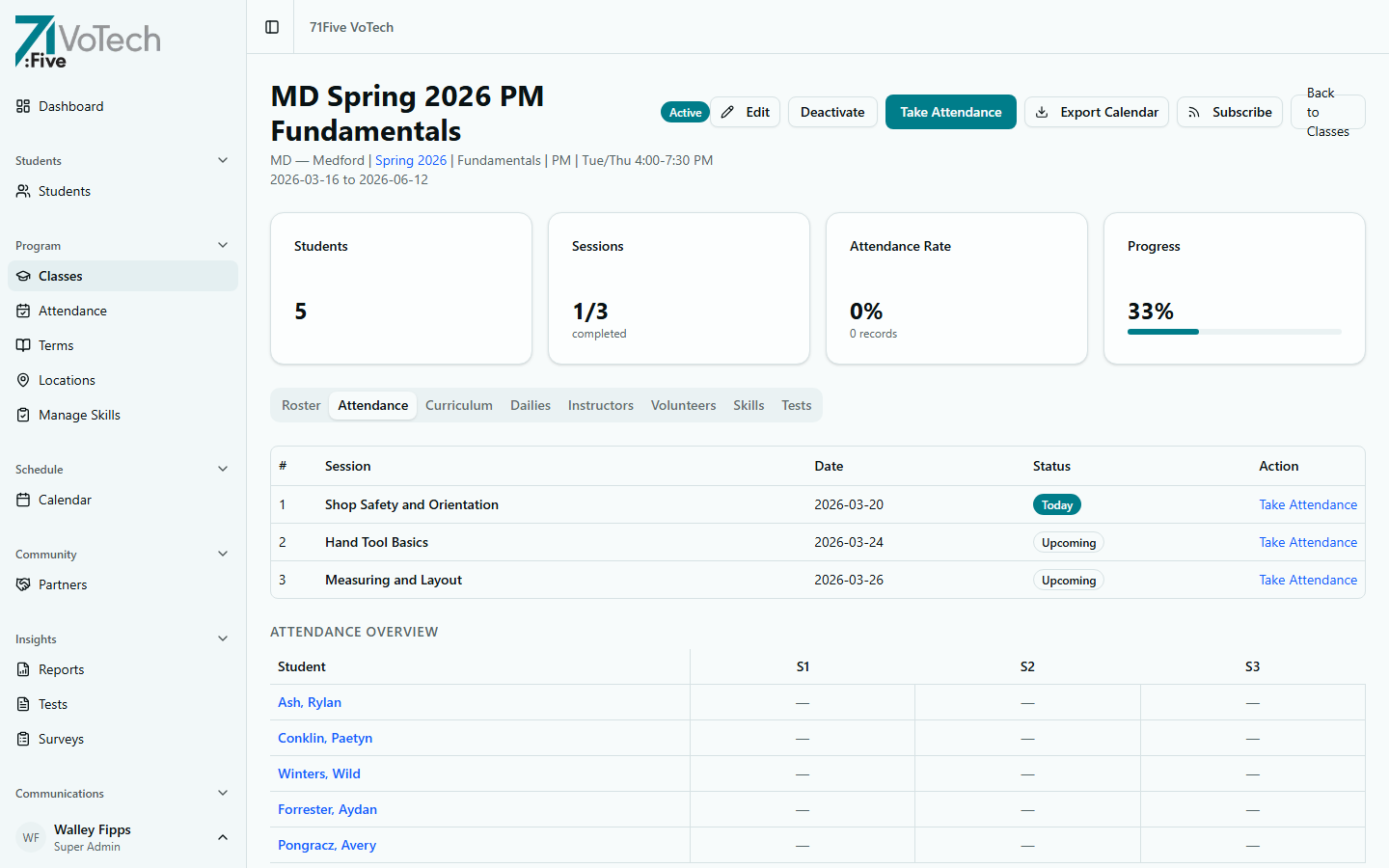 Attendance tab with session list and per-student attendance grid (light theme)
