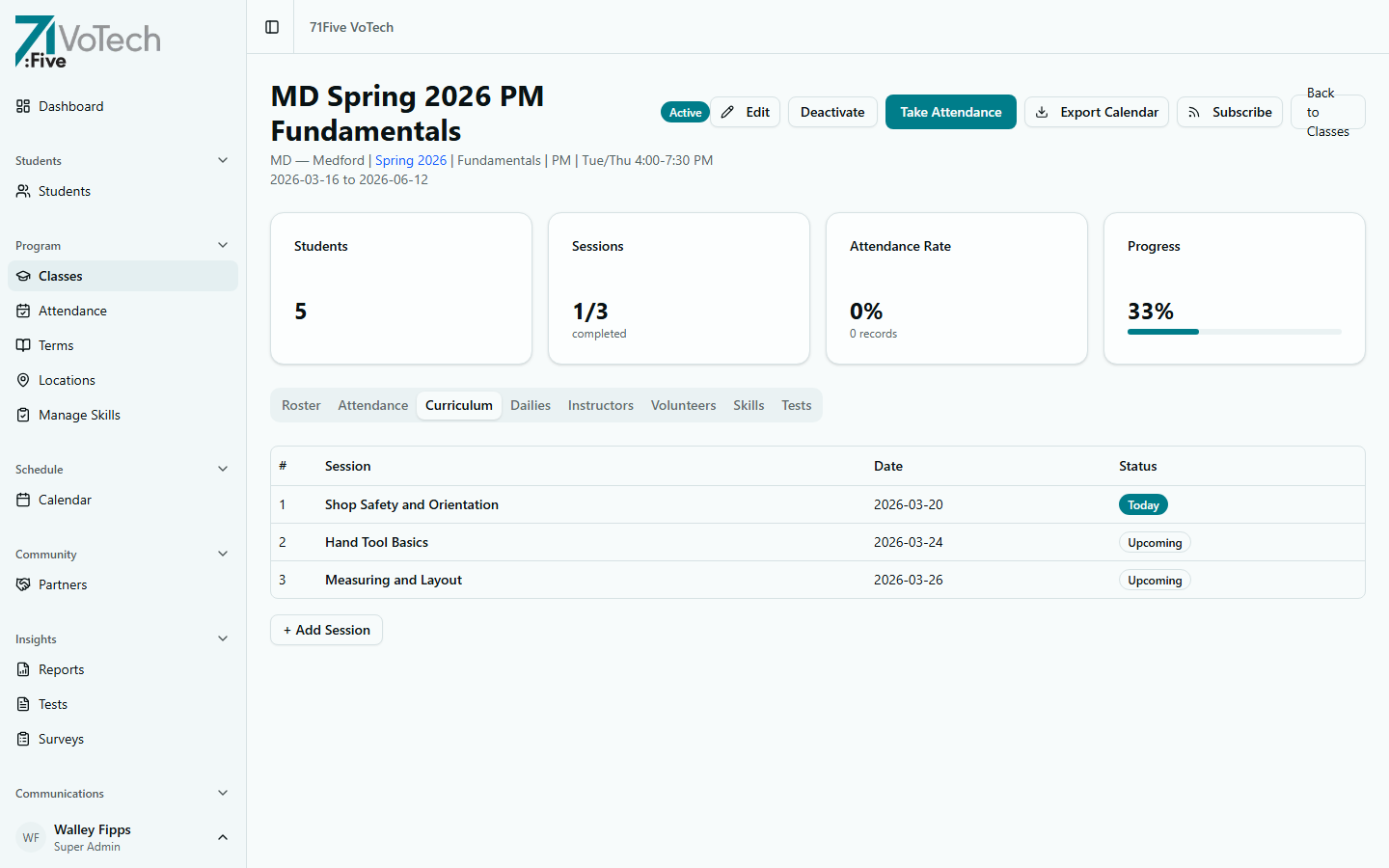 Sessions tab showing session list with add and edit controls (light theme)