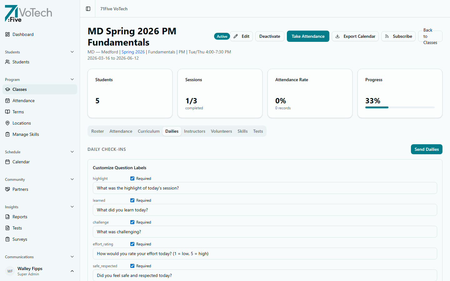 Dailies tab showing daily check-in questions and student responses (light theme)