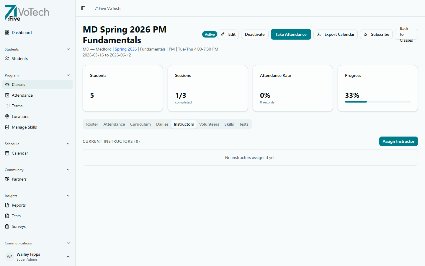 Instructors tab showing assigned instructors with assign and remove controls (light theme)