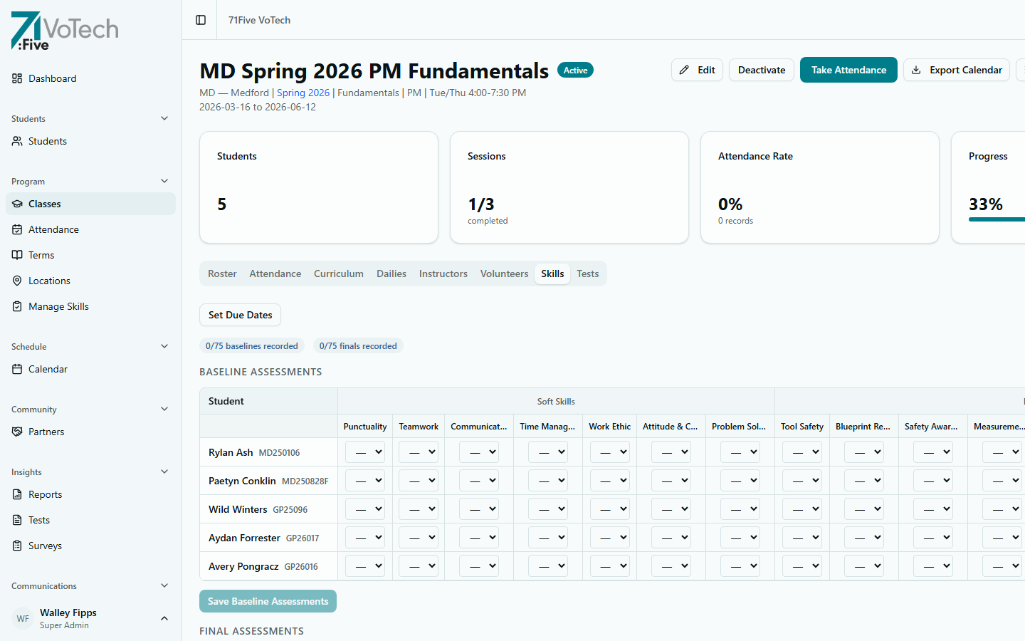 Skills tab showing baseline and final ratings with class-wide growth averages (light theme)