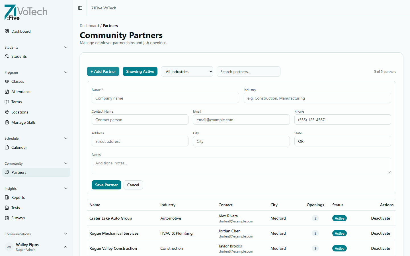 Add Partner inline form — Name, Industry, Contact, Email, Phone, Address, City, State, and Notes fields (light theme)