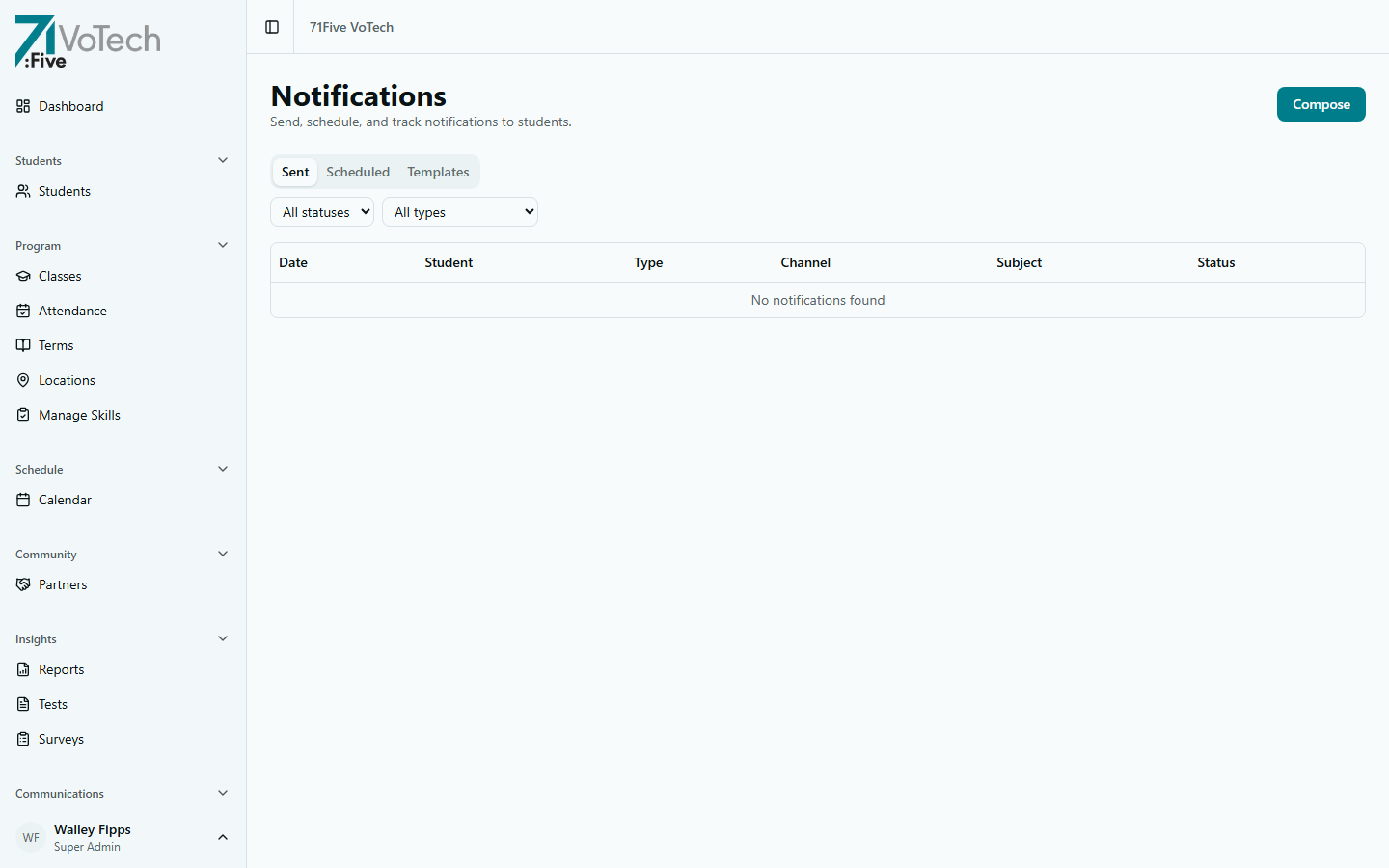 Notifications Hub — Sent, Scheduled, and Templates tabs with status filters (light theme)