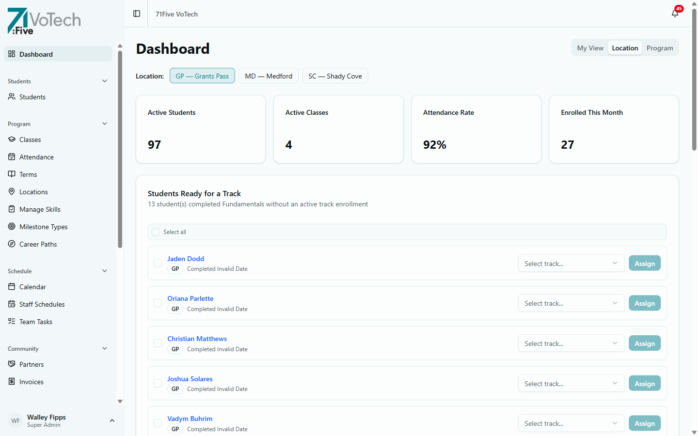 Dashboard — Location tab (light theme)