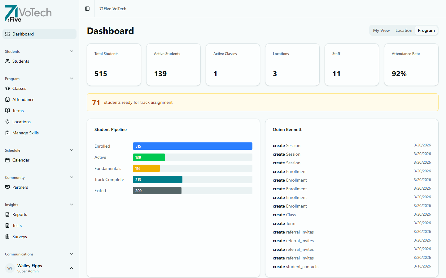 Dashboard — Program tab (light theme)