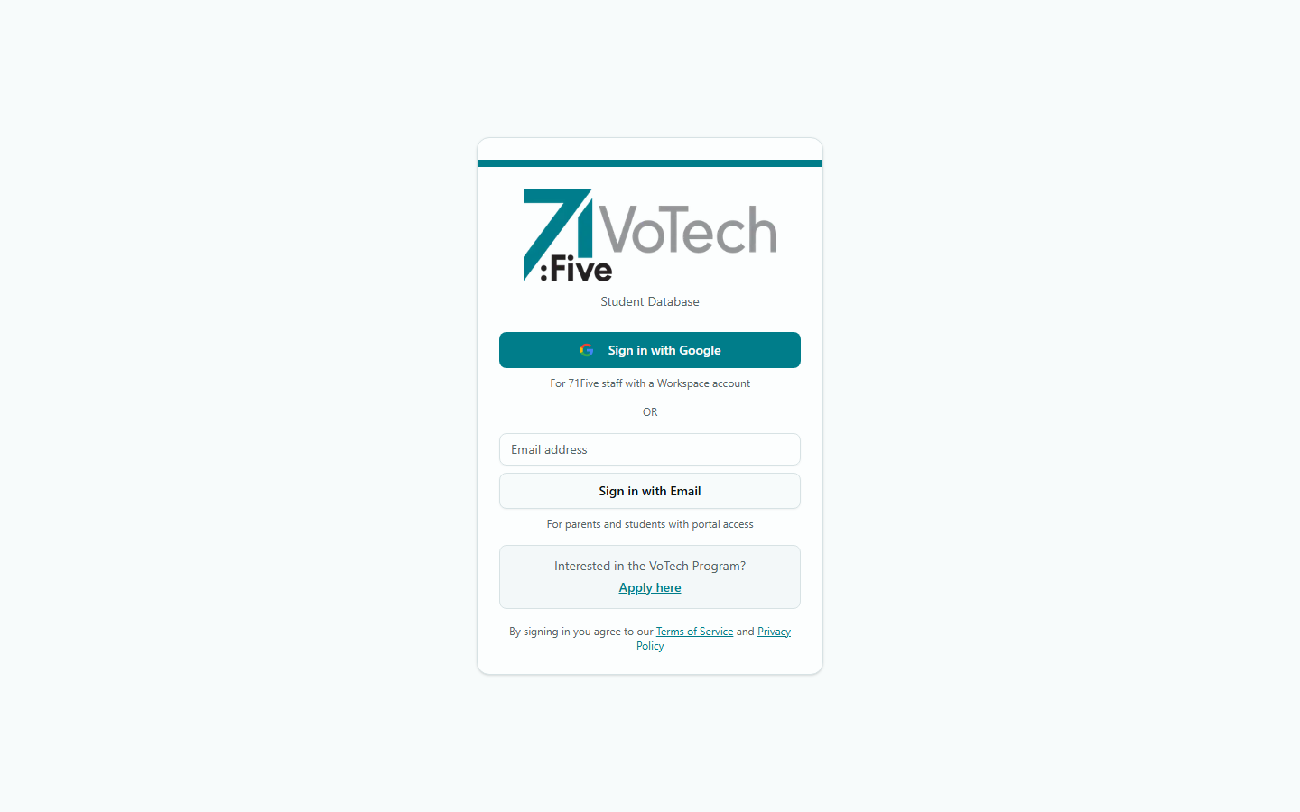 VoTech login page (light theme)