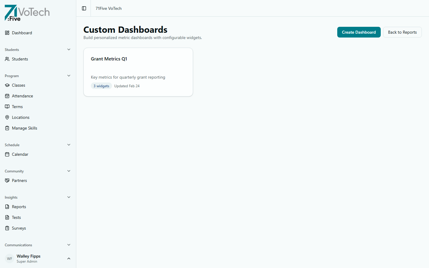 Custom Dashboards list showing saved dashboards with widget counts (light theme)