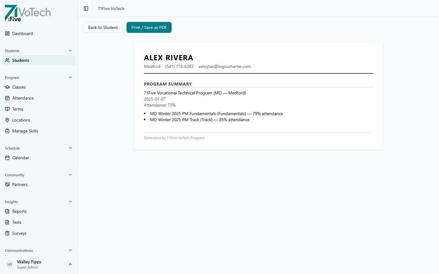 Resume showing program summary with class enrollments and attendance percentages (light theme)