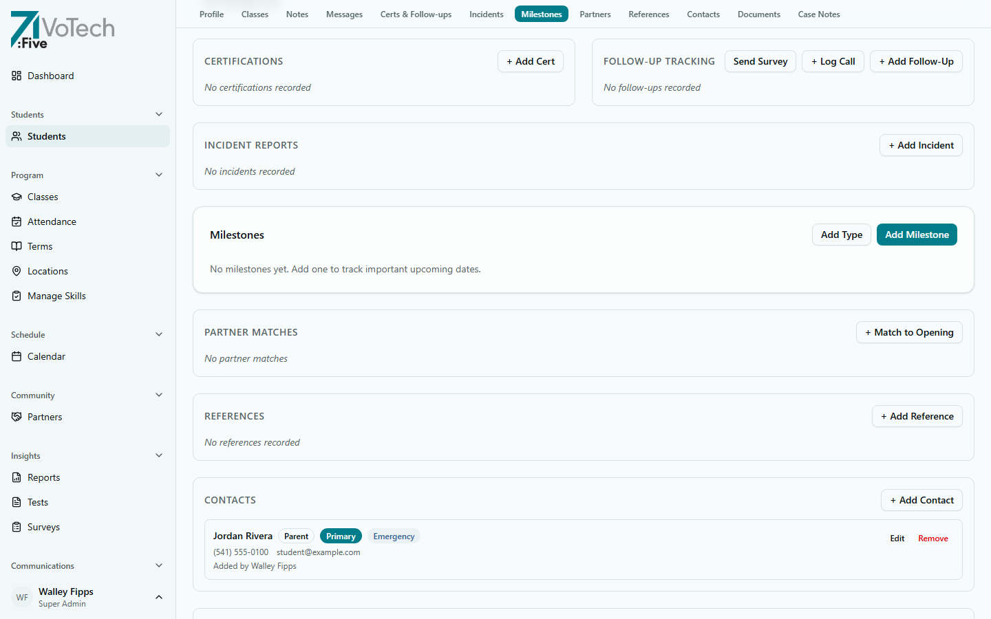 Student detail page — Certifications section (light theme)