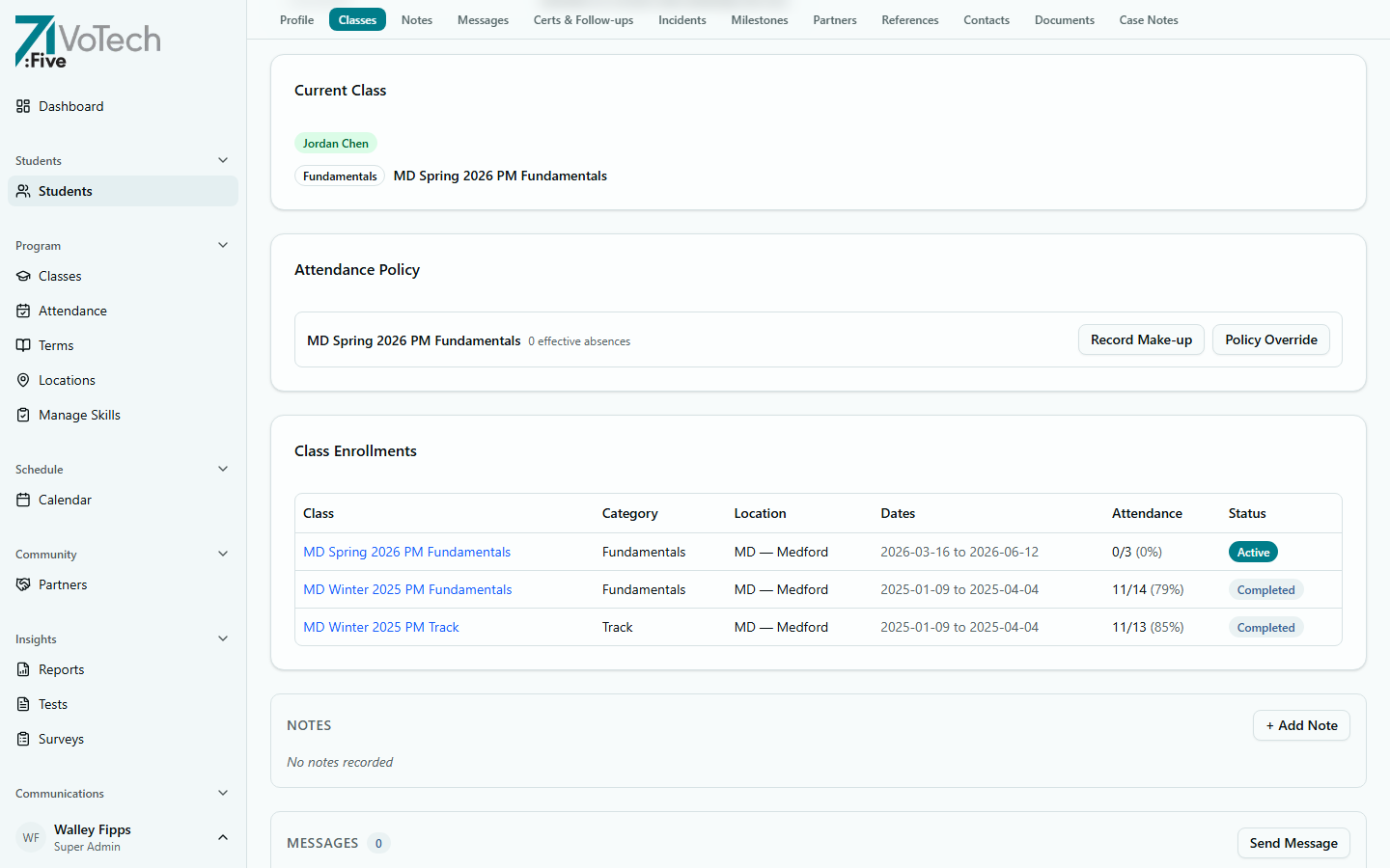 Student detail page — Classes section (light theme)