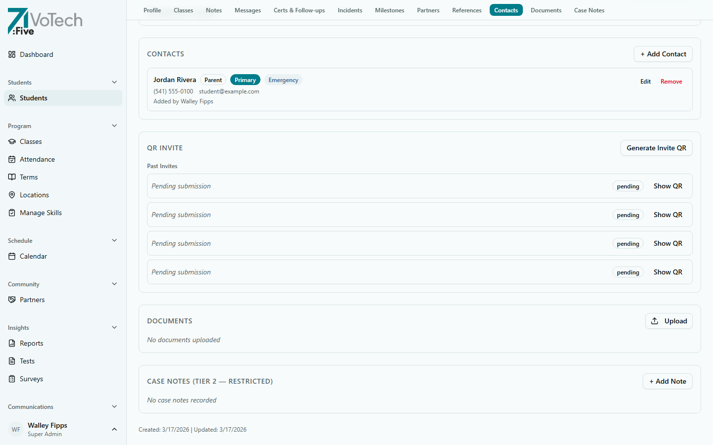 Student detail page — Contacts section (light theme)