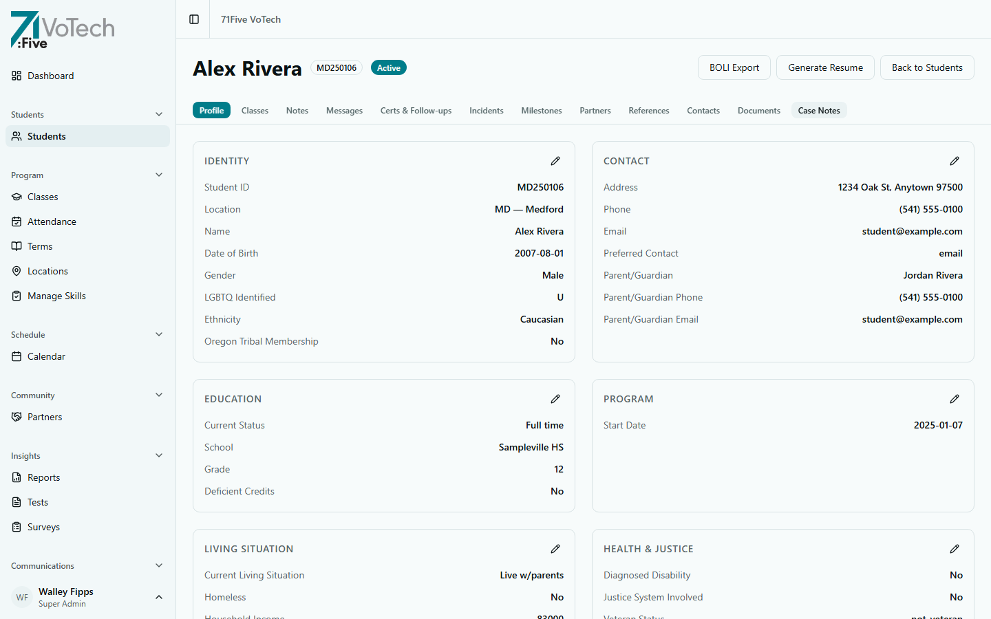 Student detail page — Profile section (light theme)