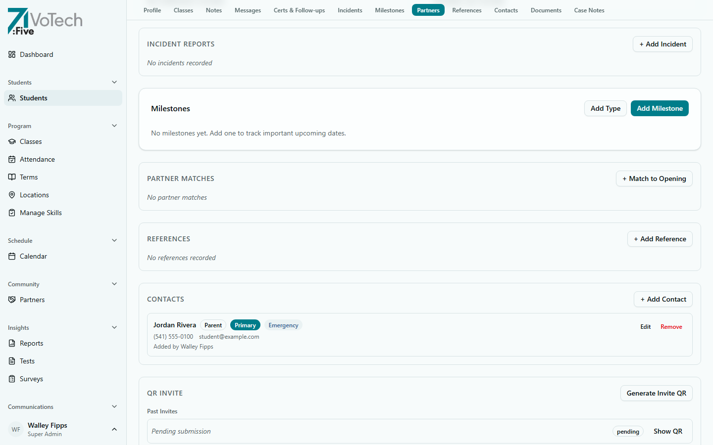 Student detail page — Incidents tab (light theme)