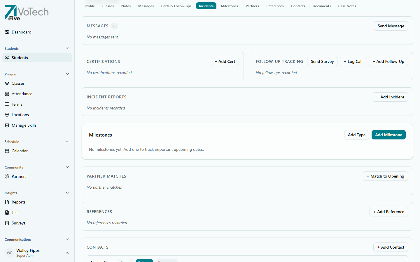 Student detail page — Messages tab (light theme)