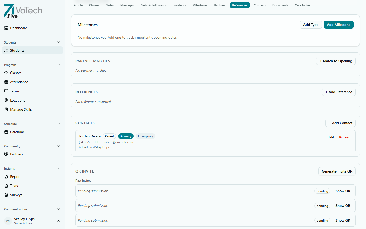 Student detail page — Milestones tab (light theme)