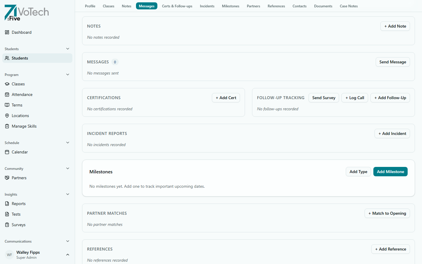 Student detail page — Notes tab (light theme)