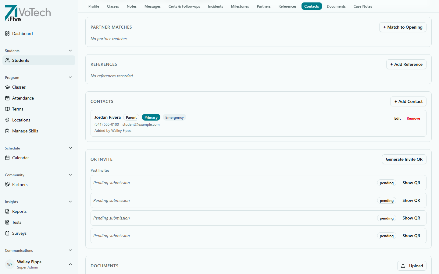 Student detail page — Partners tab (light theme)