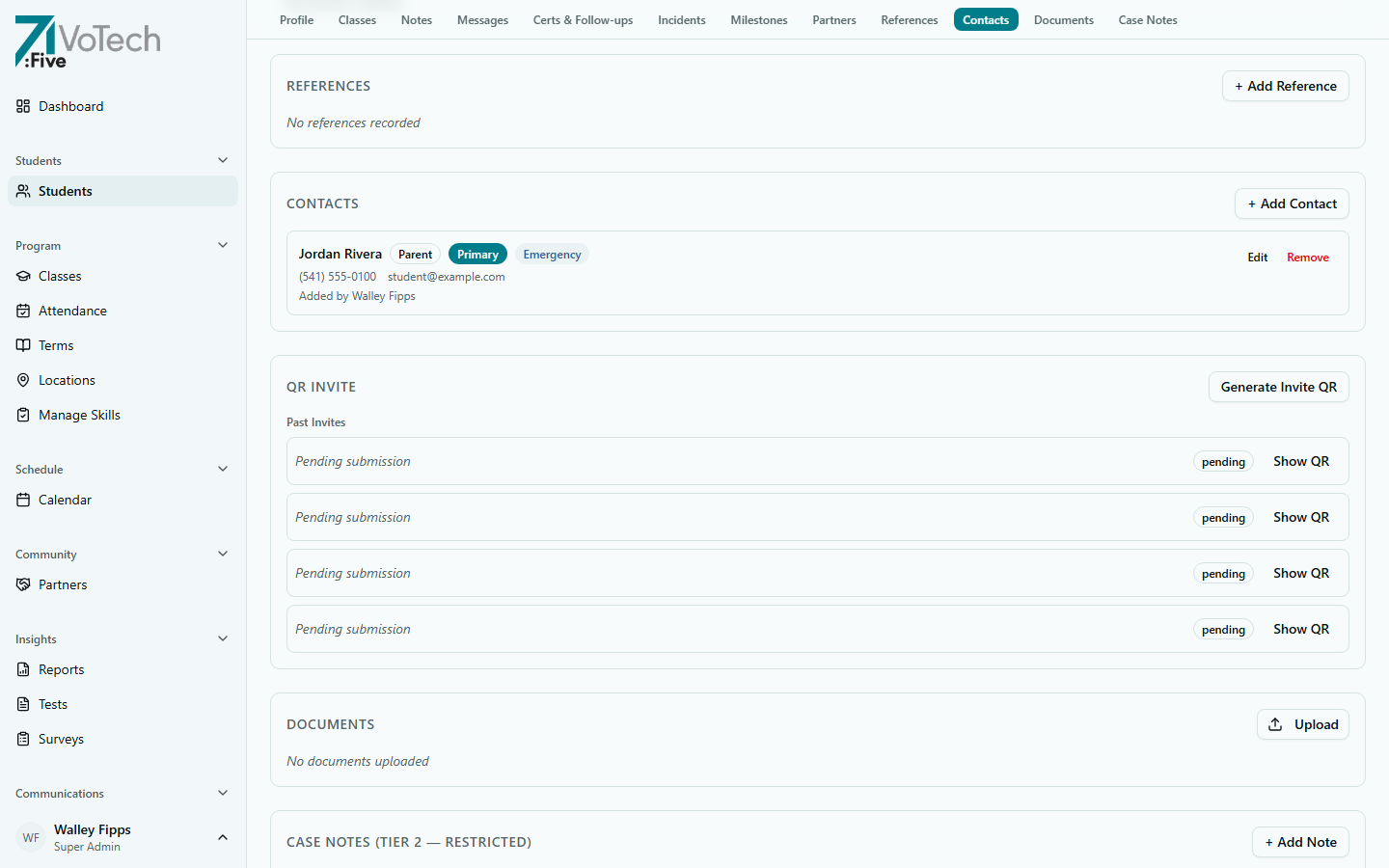 Student detail page — References tab (light theme)