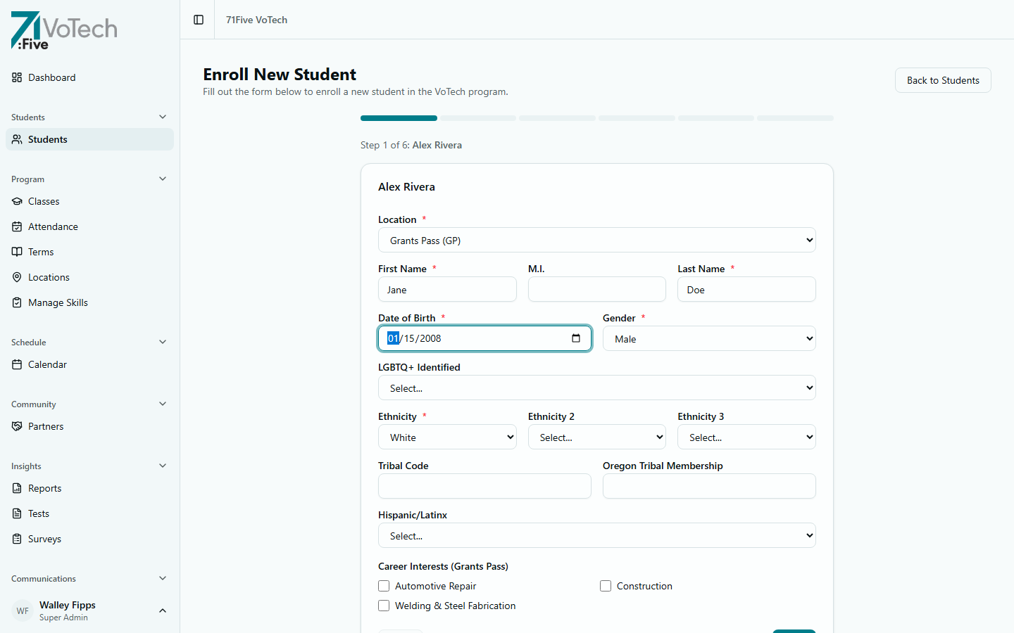 Step 1 — Filled Basic Info form with sample data (light theme)