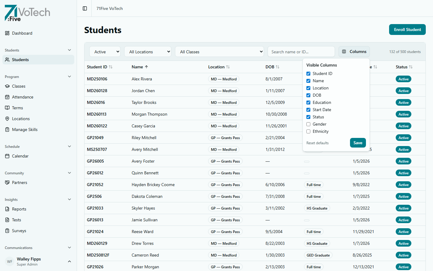 Student Roster filters (light theme)